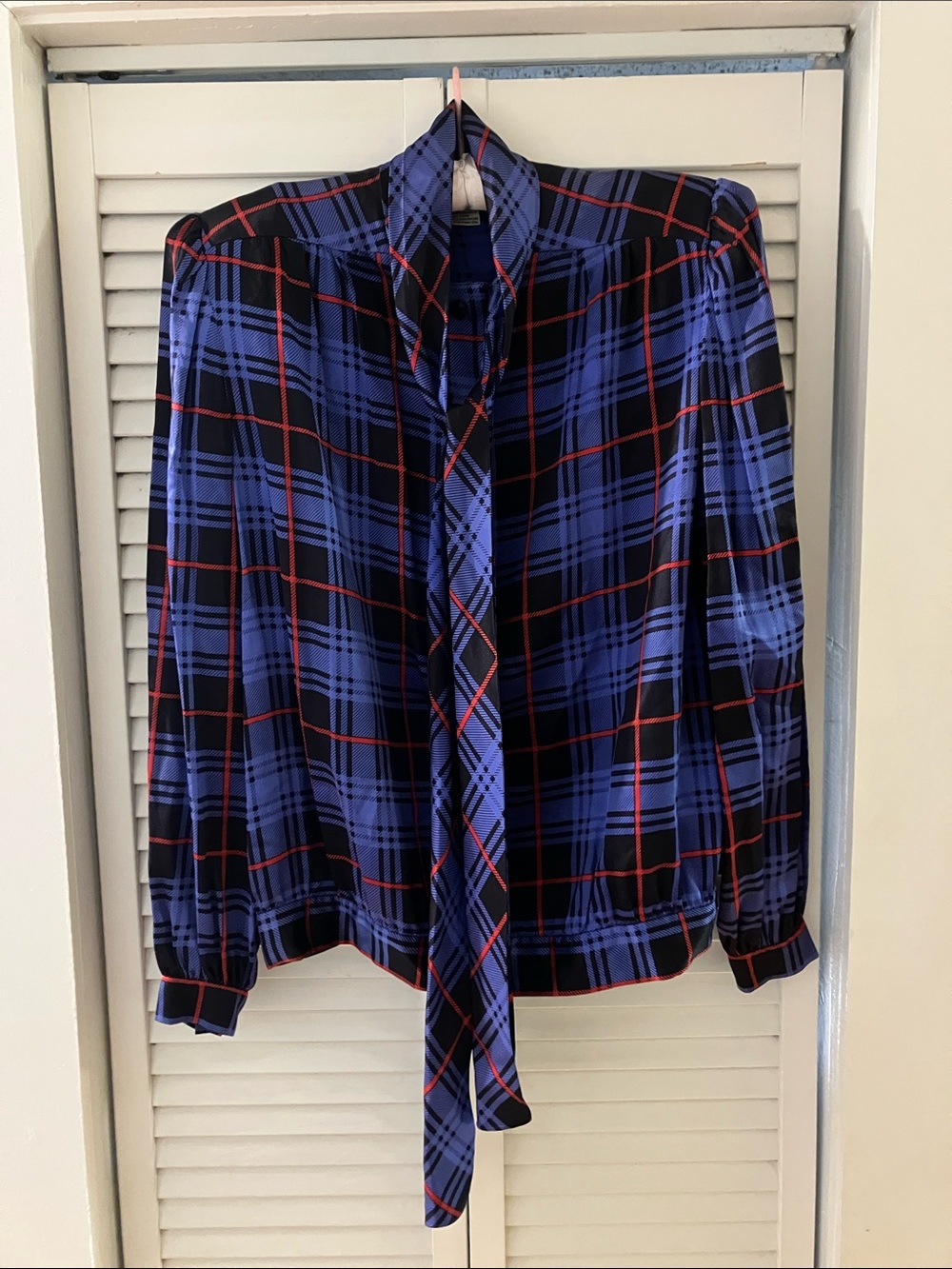 Oscar de la Renta Miss Dee Vintage Silk Neck Tie Plaid Blue/Red Blouse Size 4